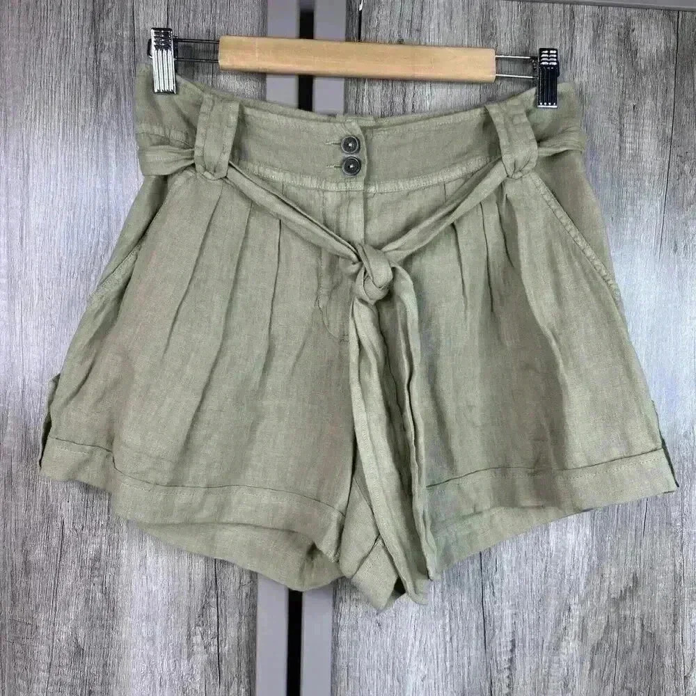 Vakko‎ Linen Shorts Sz 36 Olive Green Pleated Cuffed Belt